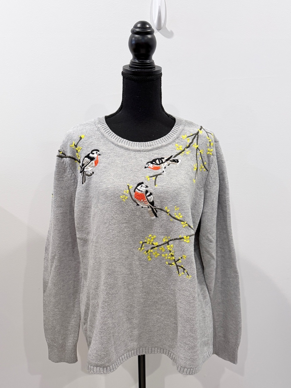 Cabi Songbird Embroidered Pullover Sweater Gray